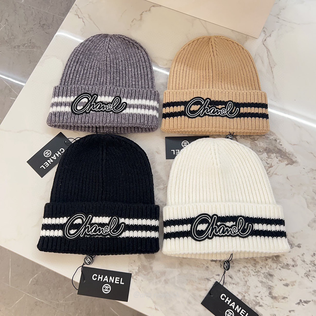 Chanel Knitted Cold Hat White Black Gray Brown (6) - newkick.org